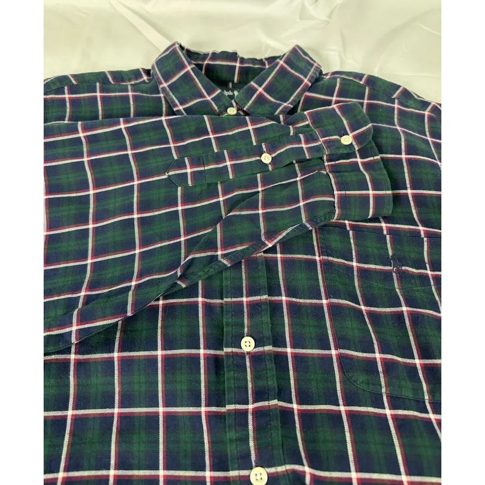 Ralph Lauren Big Shirt Men's 2XL Green Red Plaid Long‎ Sleeve Button Down Shirt